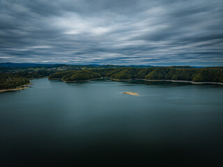 View from a drone of Lake Solina and the surrounding area