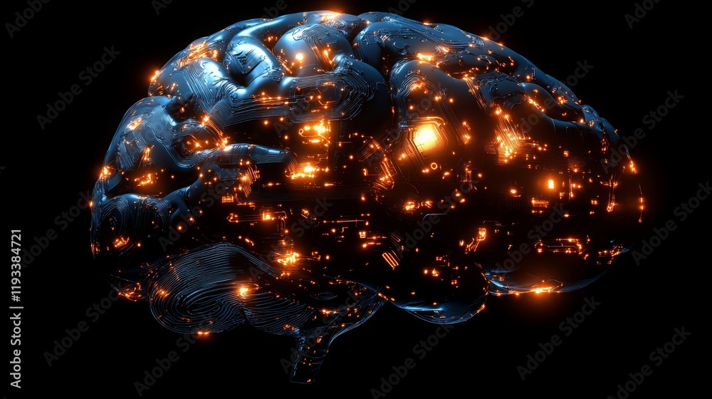 Poster exploring the future of ai brain integration with a human brain illuminated by digital circuits