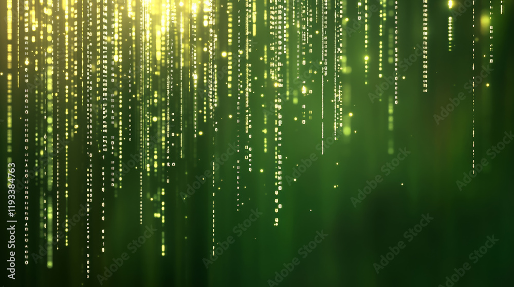 Poster digital backdrop with green matrix style patterns and glowing elements, creating modern and vibrant 