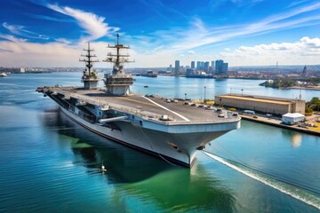 An aircraft carrier standing in the harbor with naval ships docked around it, aerial, harbor, naval, support