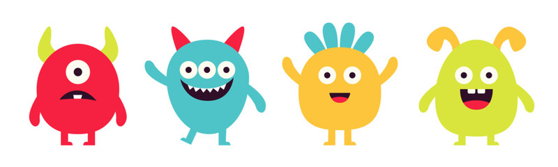 Cute monster set line. Happy Halloween. Cartoon kawaii funny boo character. Colorful silhouette monsters. Different face. Eyes, teeth horns, hands. Flat design. Childish style. White background Vector