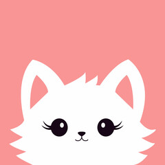 Cat face head. White fluffy kitten. Happy Valentines Day. Cute cartoon funny kitty character. Kawaii animal in love. Greeting card . Flat design. Pink background. Isolated. Vector illustration