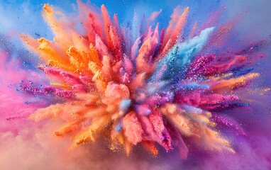 A dramatic burst of Holi powder in multiple colors, frozen in motion against a pastel gradient...