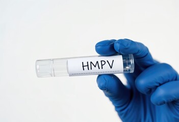 Obraz premium Gloved hand holding sample tube labeled 'HMPV' Medical research and testing