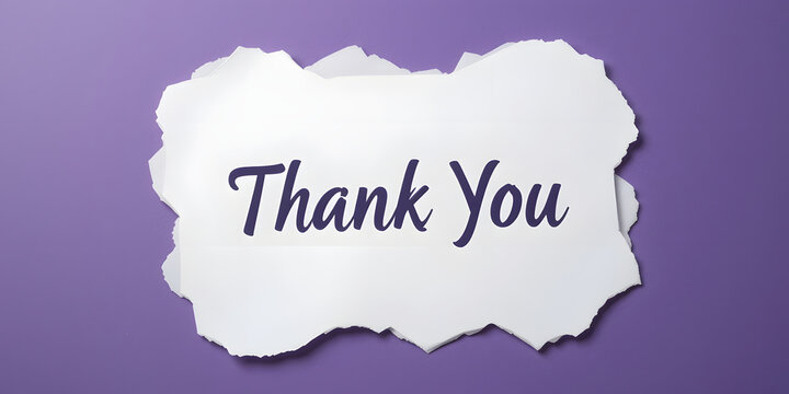 Thank you message card, presentation, business. Expressing gratitude, acknowledgment and appreciation. Minimalist abstract design with white cut out paper on purple background.