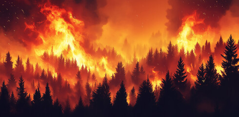Large flames of forest fire