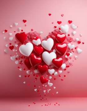 Esplosi&oacute;n de corazones rojos y blancos en 3D sobre un fondo rosa pastel, Concepto San Valentin.