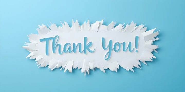 Thank you message card, presentation, business. Expressing gratitude, acknowledgment and appreciation. Minimalist abstract design with white cut out paper on light blue background.