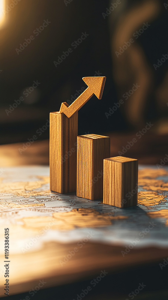 Poster wooden bar graph with an arrow on a world map symbolizing global growth trends
