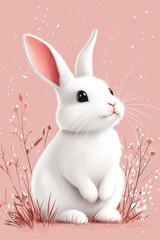 Adorable illustrated Easter bunny rabbit with delicate flowers and leaves in a whimsical style
