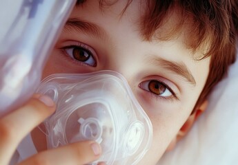 A child wearing a nebulizer mask sits in a healthcare facility. The child's eyes show concern while receiving treatment for human metapneumovirus, seeking relief from respiratory symptoms.
