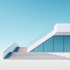 Obraz premium A modern white building featuring a prominent staircase and a sleek glass wall, showcasing contemporary architectural design elements.