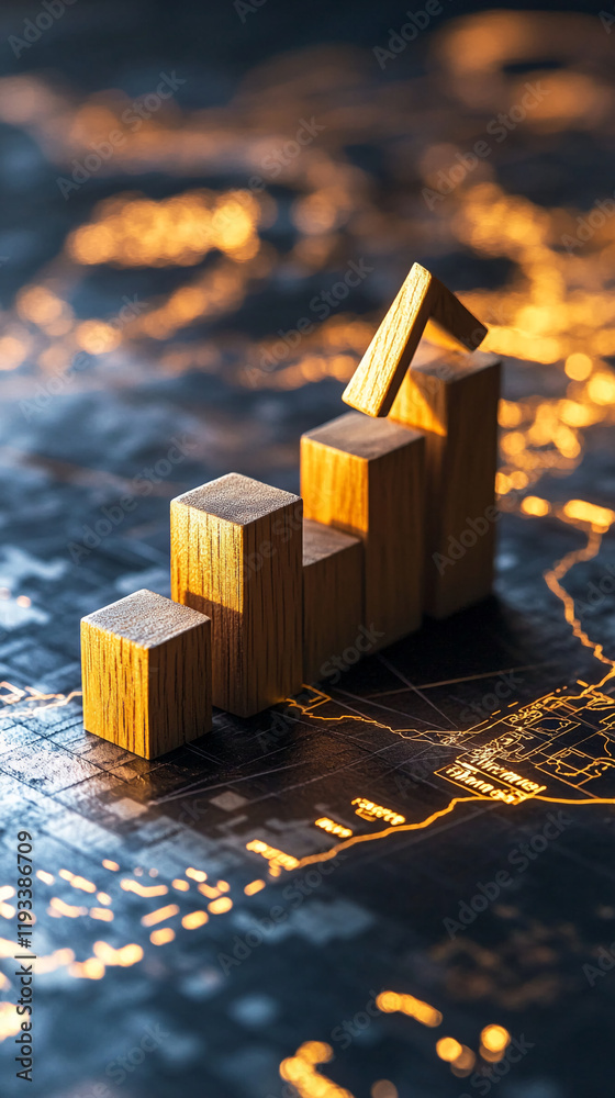 Poster wooden bar graph with an arrow over a digital map highlighting global growth trends