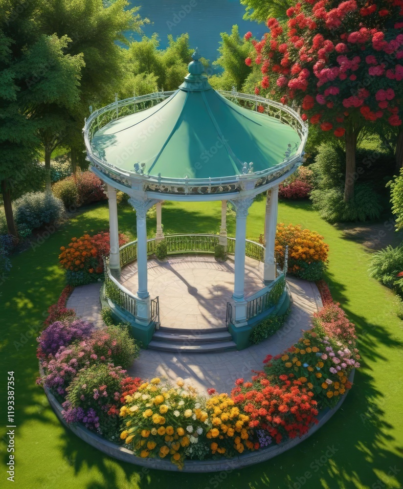 Wall mural Aerial view of a bandstand in a park with lush greenery and vibrant flowers, scenery, landscape