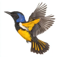 Obraz premium A vibrant bird with striking yellow and blue feathers gracefully soars through the sky, showcasing its beauty and agility in flight.