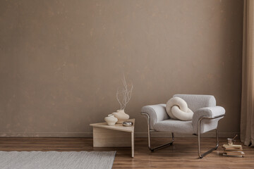 A dynamic composition featuring a blend of rustic and modern elements in a stylish living area....