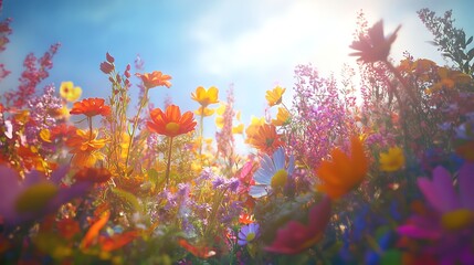 Naklejka premium Vibrant wildflowers bloom brightly in summer sunshine