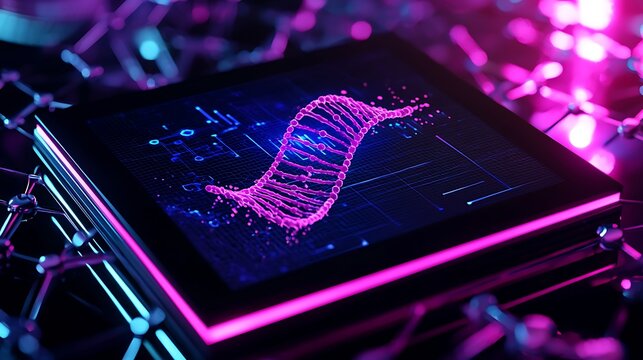 Abstract representation of a DNA strand on a digital screen with vibrant neon colors and technology theme