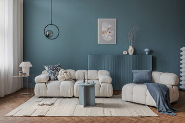 A cozy corner featuring a modern-shaped armchair, a decorative cushion, a side table with ceramics,...
