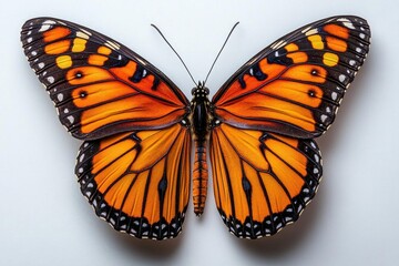 Fototapeta premium isolated on a pristine white background, a stunning orange monarch butterfly with intricate wing patterns is depicted in vibrant detail, symbolizing transformation and beauty in nature