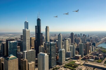 Obraz premium Aerial shot of a city with numerous skyscrapers and planes flying overhead under clear blue skies, skyscrapers, aerial view, urban landscape