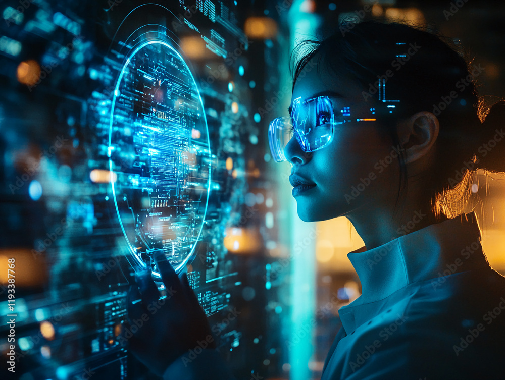 Poster woman using augmented reality technology for data analysis