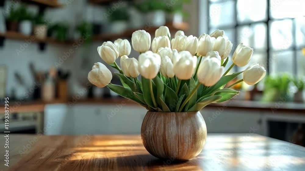 Aufkleber a vase of white tulips sits gracefully on a wooden table in a sunlit kitchen. the bright atmosphere 