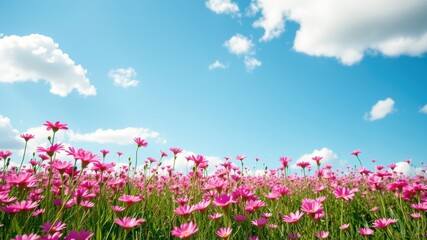 A vibrant field of pink flowers basking in the warm sunlight under a bright blue sky with fluffy white clouds