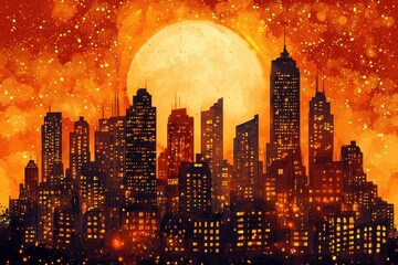Obraz premium Illuminated City Skyline Underneath a Large Orange Moon