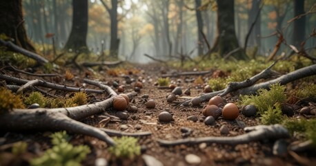 Obraz premium Acorns and sticks on forest ground amidst fallen branches, woodlands, forest ground