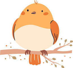 A cute bird on a white background sits on a branch. Flat vector illustration in simple child style . Vector illustration
