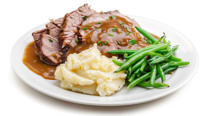 plate of roast beef with mashed potatoes and beans