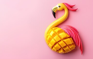 Fototapeta premium A lively flamingo crafted with a mango slice for the body and a curved banana slice for the neck, on a pastel pink background