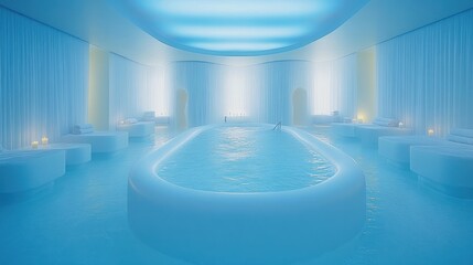 Serene spa pool with calming blue lighting and relaxation areas.