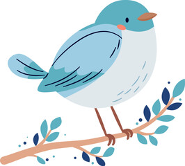 A cute bird on a white background sits on a branch. Flat vector illustration in simple child style . Vector illustration