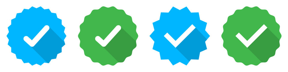 Verified badge icons set in blue and green color. Approved tick buttons set isolated. Certificate badge. Quality certifies icons.  Account verification checkmark symbol. Vector illustration.