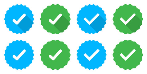 Verified badge icons set in blue and green color. Approved tick buttons set isolated. Certificate badge. Quality certified icons.  Account verification checkmark sign. Vector illustration