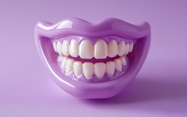 Naklejka premium A cheerful smile with perfect teeth, softly illuminated on a pastel lavender surface