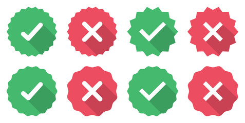 Starburst yes tick and no cross buttons. Profile verification with check marks and cross mark icons set red and green color. Verified and unverified account sign. Flat style. Vector illustration.