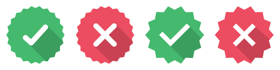 Starburst yes tick and no cross buttons isolated. Profile verification with check marks and cross mark icons set red and green color. Verified and unverified account sign. Vector illustration.