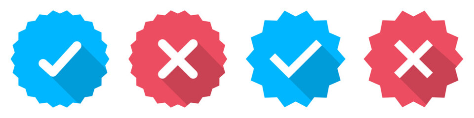 Obraz premium Starburst yes tick and no cross buttons. Profile verification with check marks and cross mark icons set red and blue color. Verified and unverified account sign. Flat design. Vector illustration.