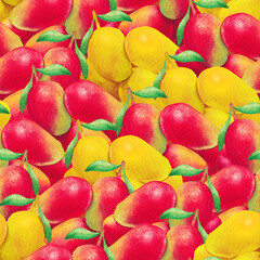 Pattern of watercolor mango fruits and leaves