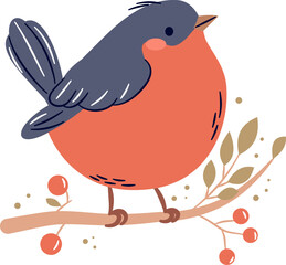 A cute bird on a white background sits on a branch. Flat vector illustration in simple child style . Vector illustration