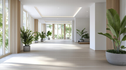 Fototapeta premium Bright and spacious interior with large windows, plants, and wooden accents. Ideal for eco conscious design