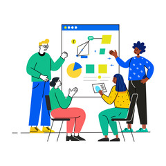 Teammates discussing business strategy, flat style illustration