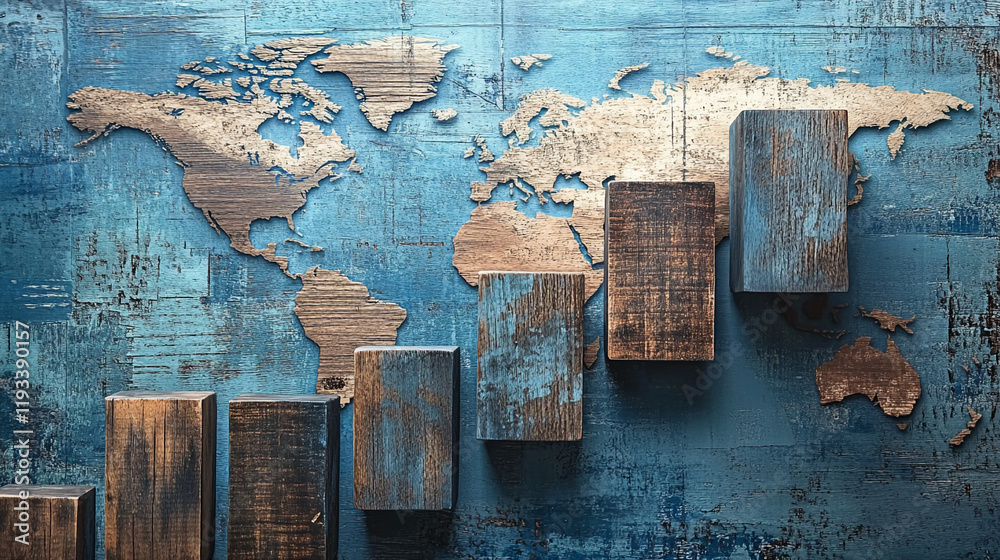 Poster wooden blocks forming a growth chart on a blue world map background