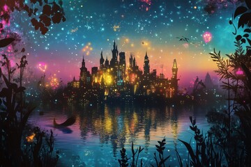 Fototapeta premium Magical Cityscape Illuminated at Night by Fireworks