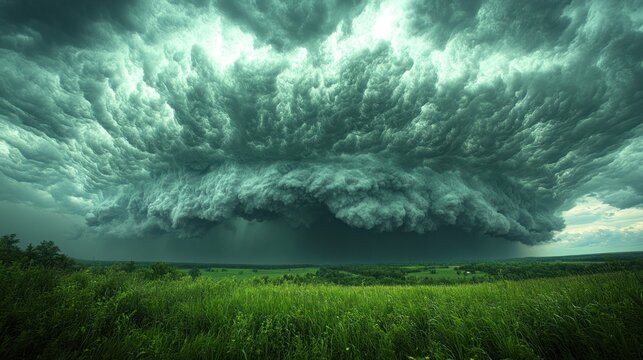 Dramatic storm clouds gathering over a lush green landscape, signaling an impending downpour