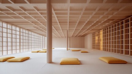 Minimalist wooden room with cushions for meditation.