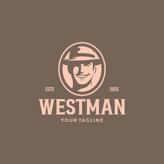 smiling man head logo wearing cowboy hat vector illustration design